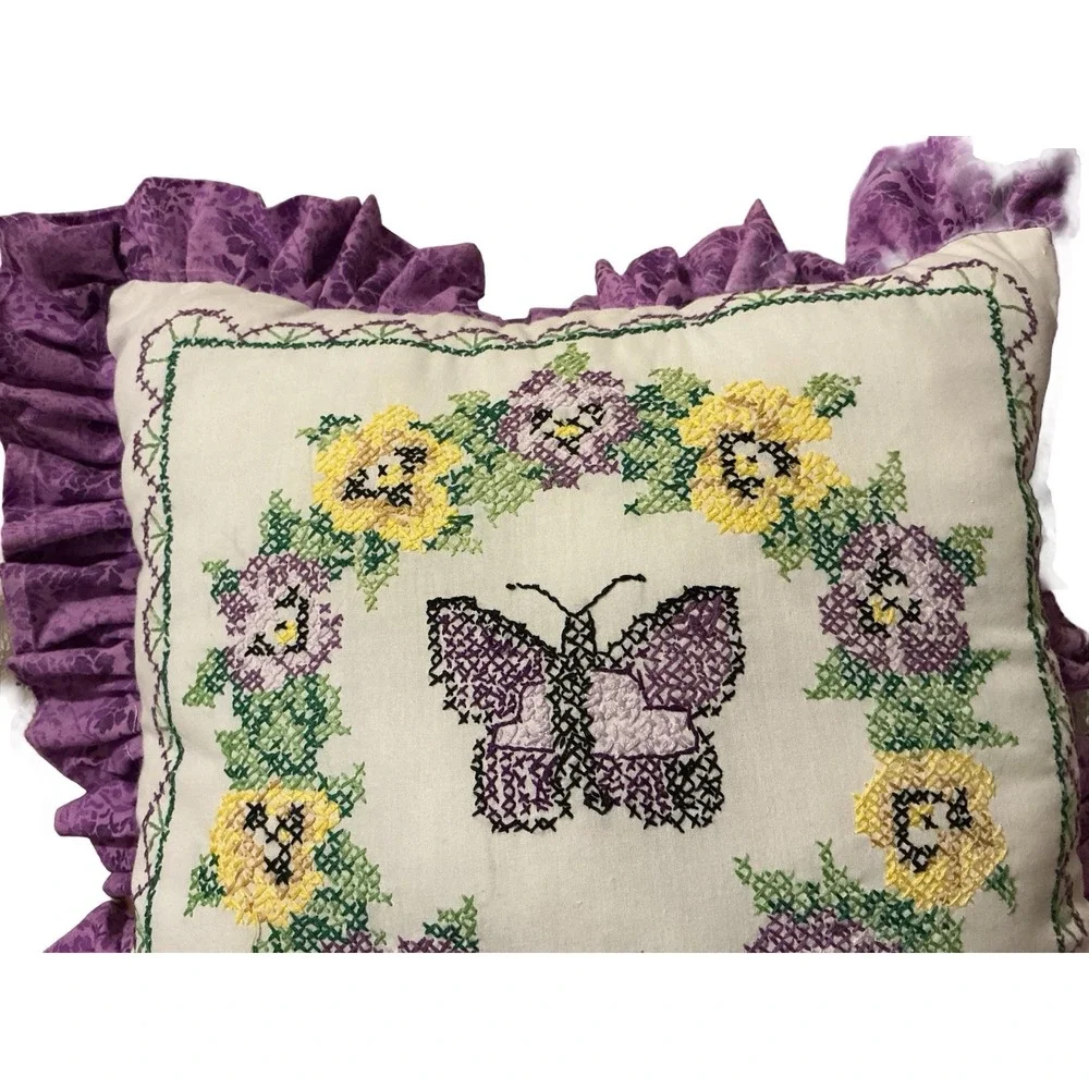 Janlynn Complete Pansy And Butterfly Needlepoint Pillow Botanical Purple‎ Ruffle